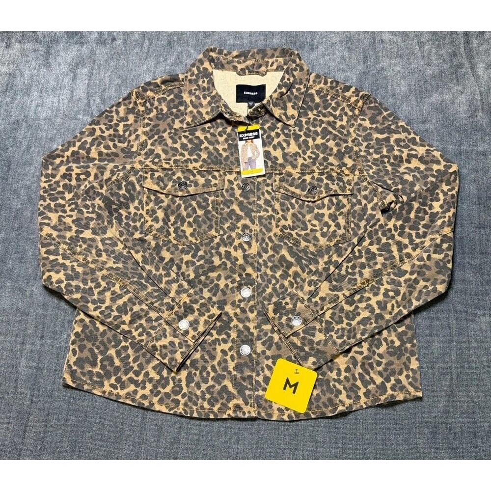 Express Lightweight Leopard Print Classic Denim Jacket Women's Medium Multicolor - Picture 1 of 8